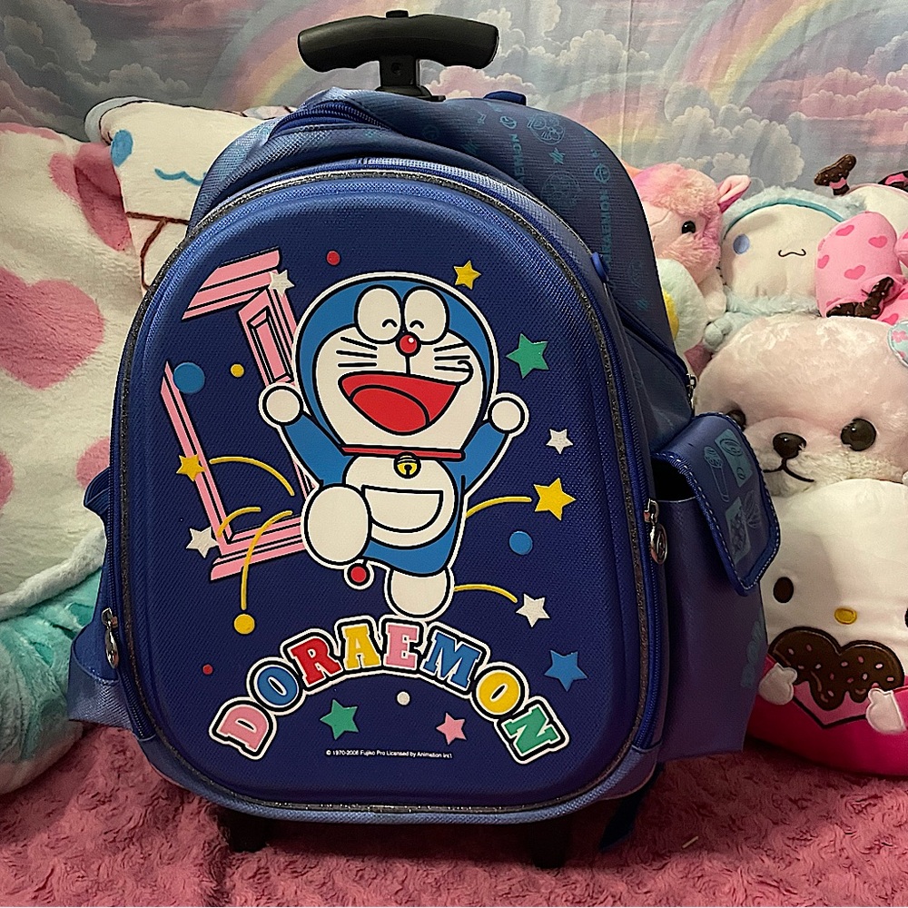 Y2k Doraemon kawaii Japanese cartoon character dark blue sparkle roll backpack
